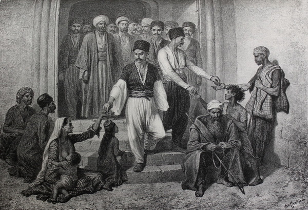 Крымские татары выходят из мечети. Auguste Raffe, печать, 1834 г.